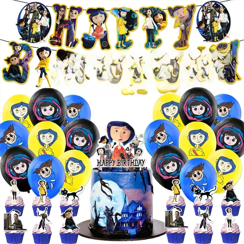 Dessin animé Coraline fille thème bricolage ballons fournitures de fête anniversaire bannière Latex ballon décoration gâteau fournitures enfant jouets cadeau