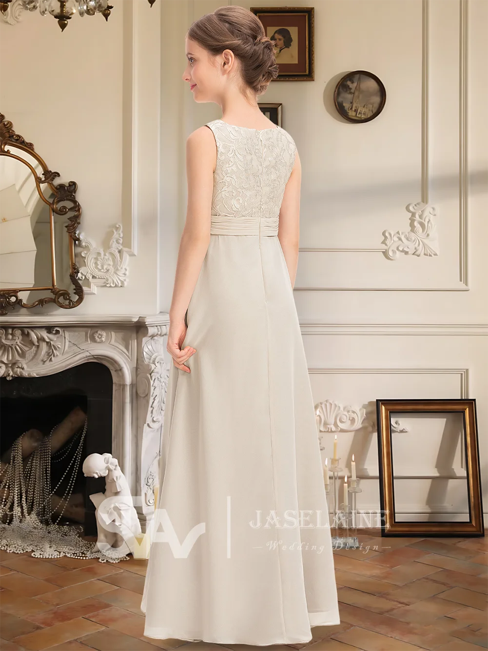 فستان وصيفة العروس أنيق للصغار دانتيل شيفون على شكل حرف A طول الأرض فستان فتاة الزهور للفتيات فساتين حفلات الزفاف الرسمية