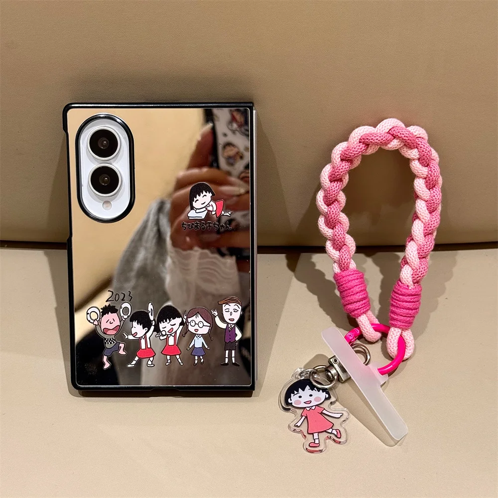 Cute Cartoon Chi Maruko-chan Mirror Phone case for Samsung Galaxy Z Fold 8 7 6 5 4 3 Fold7 fold 8 Cover With Chain Kawaii Cover