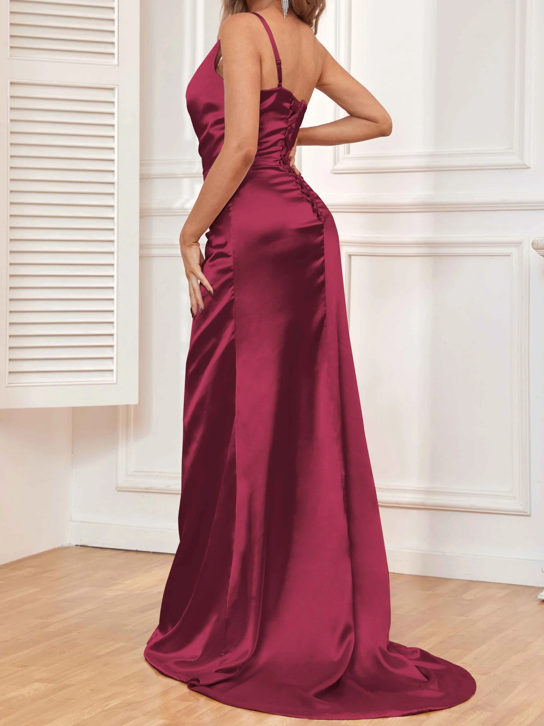 Elegant One Shoulder Satin Prom Dress With High Split Pleated Formal Evening Party Gown For Women Bridesmaid Dresses