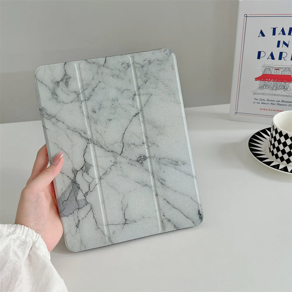 Classic White Grey Marble Print iPad Case Tri-fold Stand Cover For 2024 iPad 11 Inch A16 Air 5 Air4 iPad 10 10.9 9.7 Inch