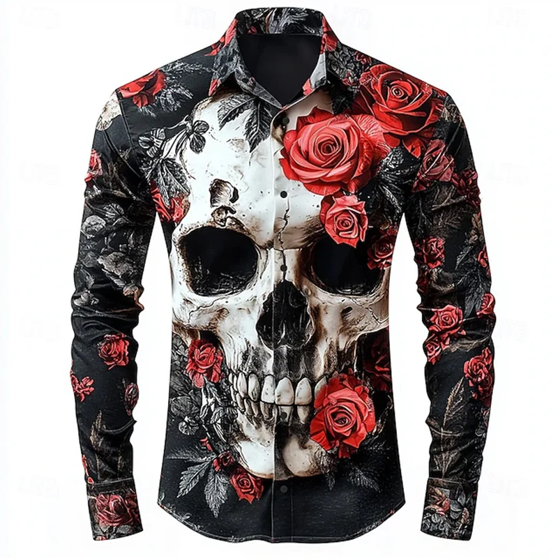 

Men's Skull Romantic Halloween Button-Down Shirt Long Sleeve Streetwear Autumn Winter Lapel 3D Printed Lapel Shirt