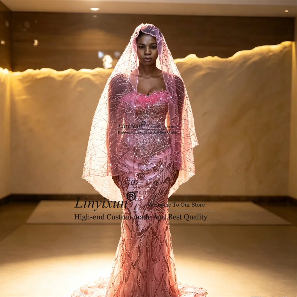 Robe de bal sirène africaine de Dubaï avec voile, paillettes scintillantes, robe de soirée personnalisée, robe d'anniversaire Aso Ebi