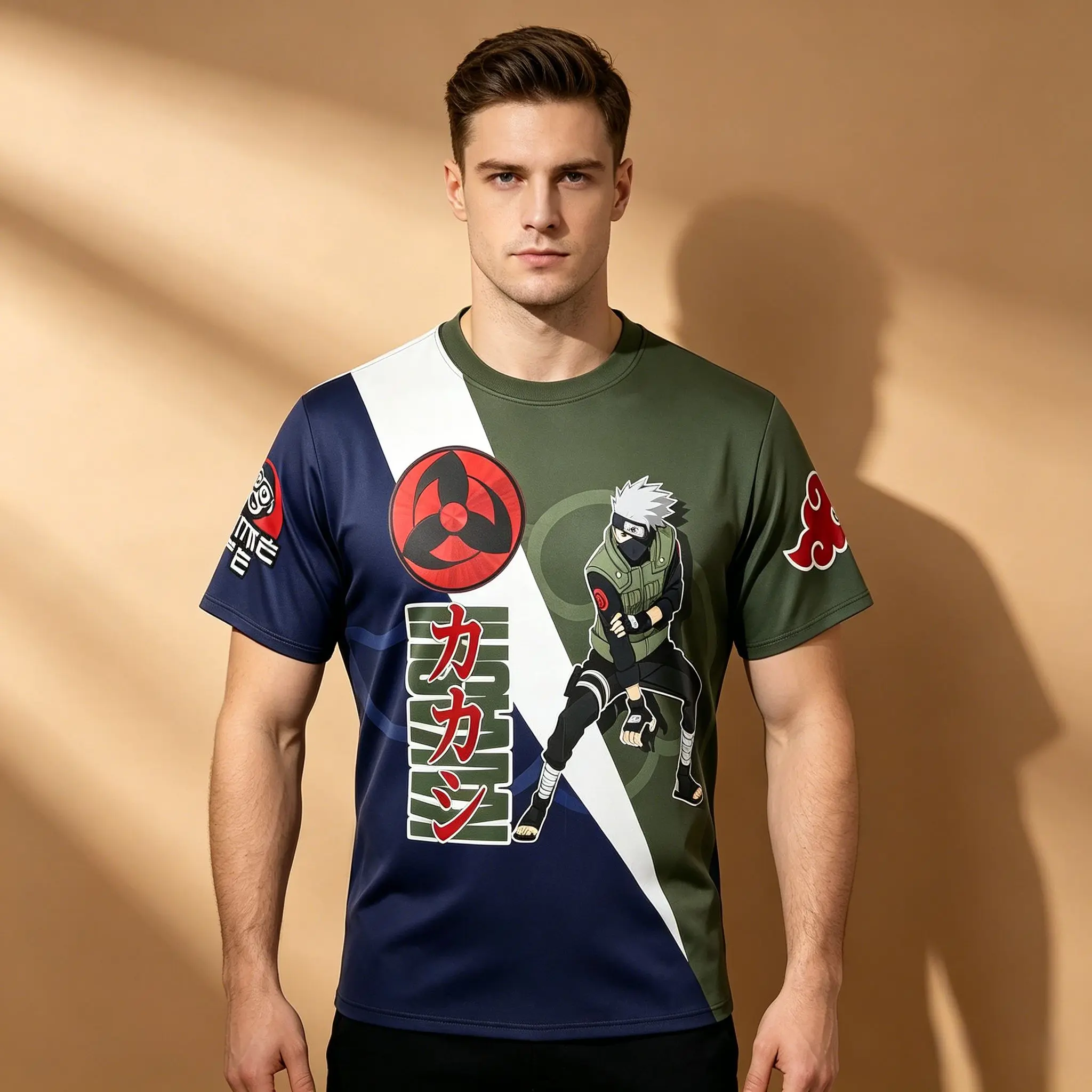 T-shirt graphique anime sublimé bicolore pour homme, imprimé Naruto Hatake Kakashi Sharingan Akatsuki Cloud Leaf Village Lo