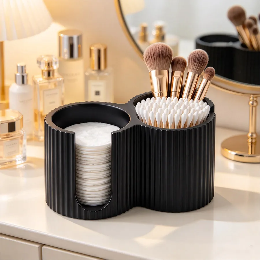 Minimalist Striped Makeup Organizer Box, Multi-Functional Desktop Cosmetic Storage for Cotton Pads Puffs Brushes, Black White Va