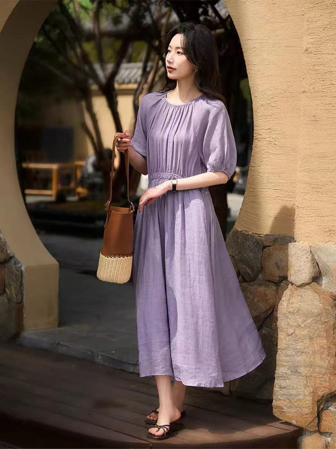 

Fashionable women's summer casual waist fit ramie dress