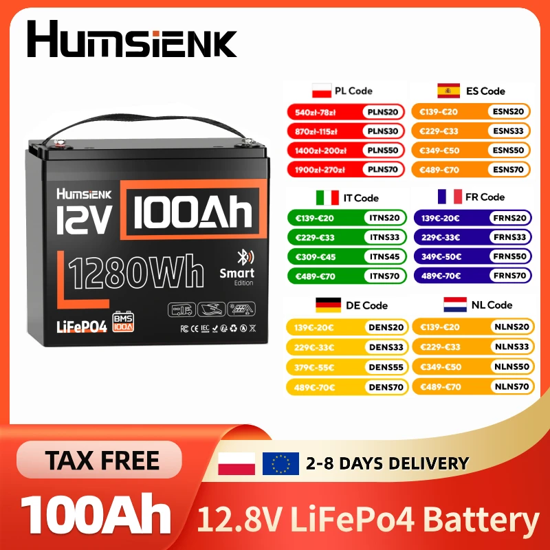 Batterie au lithium LiFePO4 Humsienk 12V 100Ah avec Bluetooth, Groupe 24, énergie max. 1280Wh, BMS 100A intégré avec protection contre les basses températures, idéale pour moteur de pêche à la traîne, camping-car, bateau, système solaire