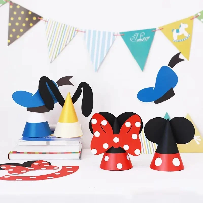 Chapeau d'anniversaire de dessin animé Disney Mickey Minnie Donald Duck, décoration de gâteau de fête pour enfants et adultes, coiffure drôle et mignon, chapeau en papier