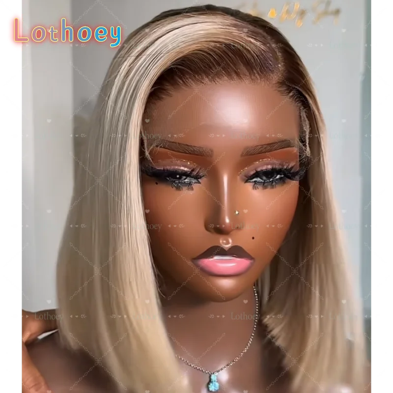 Short golden brown straight hair human hair wig right deviation natural excessive color comfortable highlight wig lace front edg