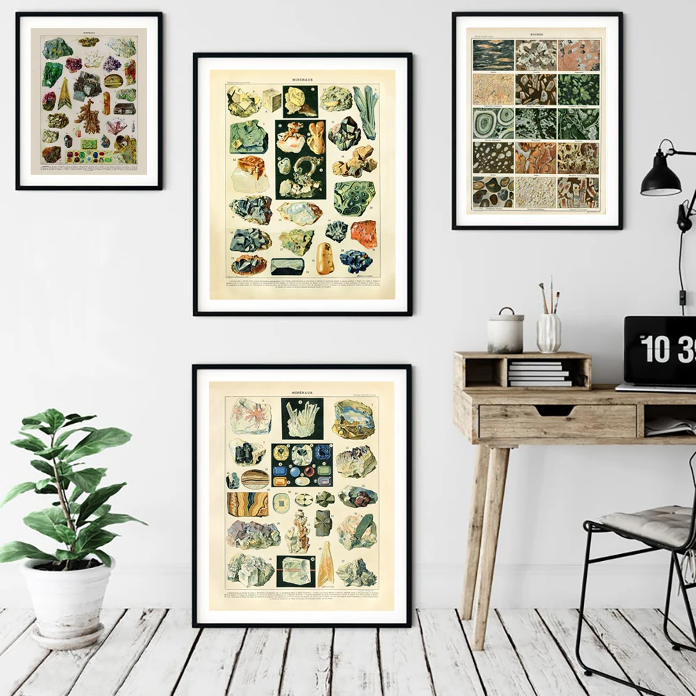 Póster de piedras preciosas y minerales, versión francesa antigua, rocas, minerología, ciencia de la tierra, impresión de Larousse, pinturas en lienzo de los años 1800