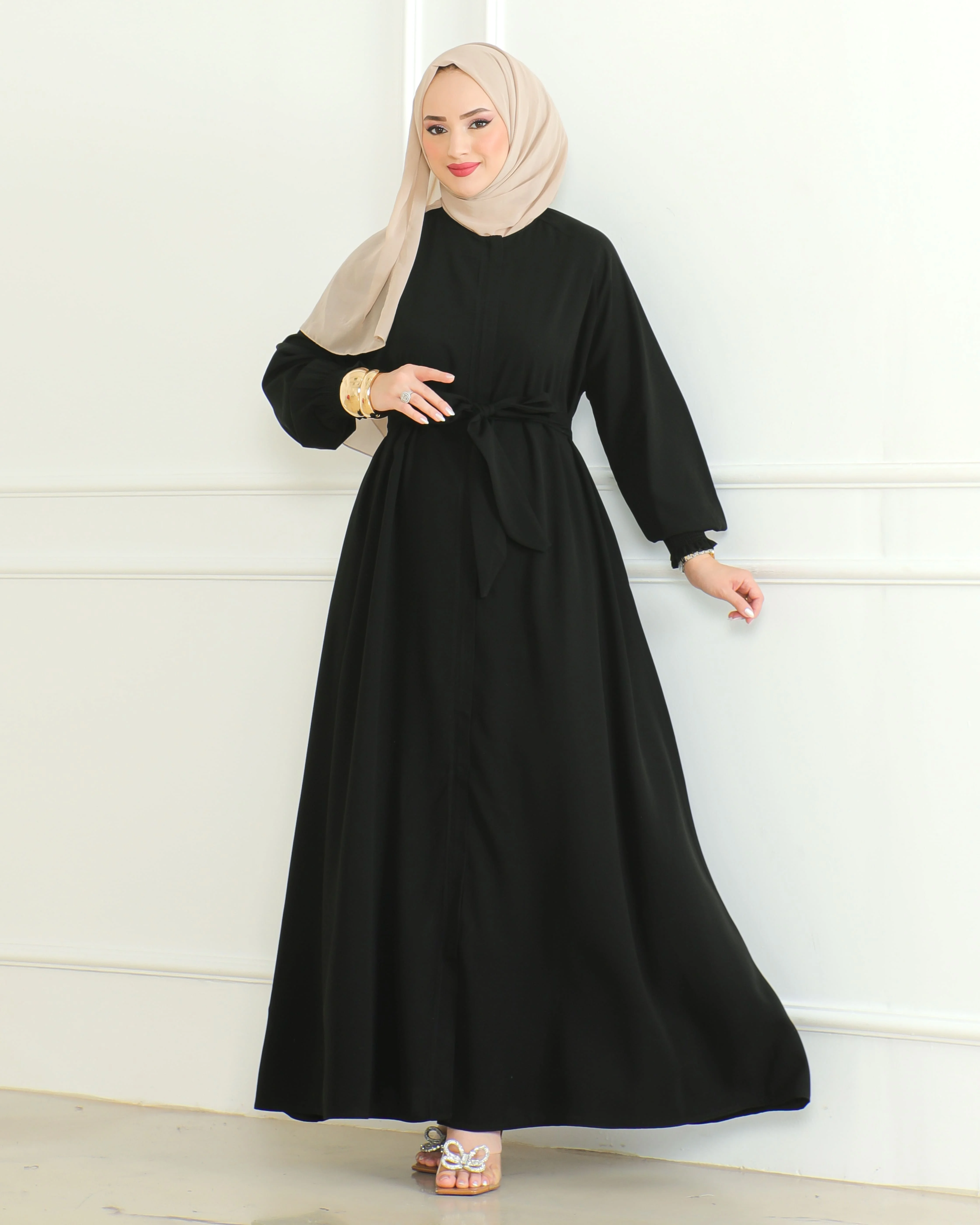 Women's Abaya with Zipper Includes Waist Belt Modest Turkish Long Sleeve Abayas for Women Muslim Fashion