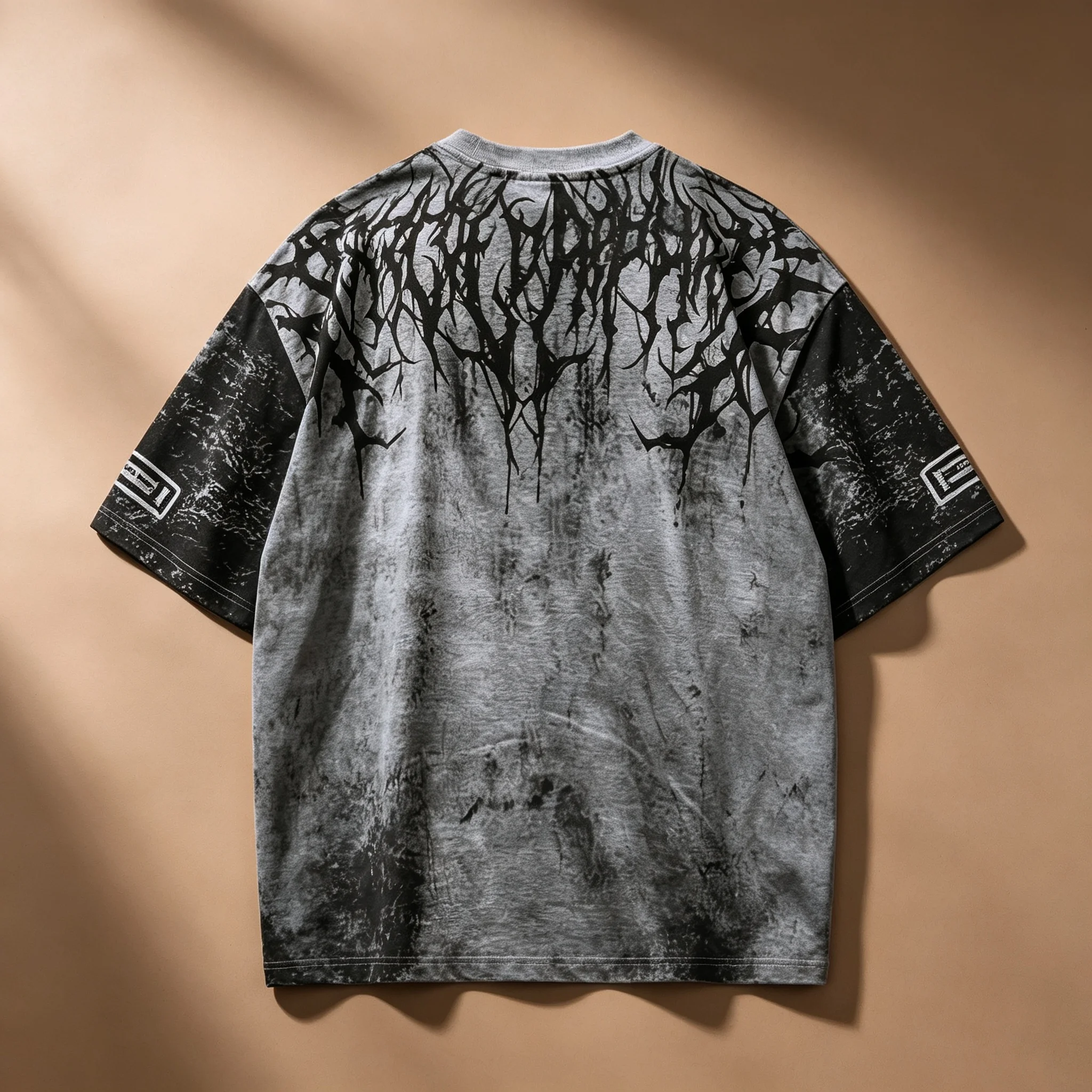 Herren Vintage Washed Distressed T-Shirt mit Dornen-Gothic-Print, Oversized, locker geschnitten, Kurzarm, Streetwear, Punk-Tee-Top – Detail 3