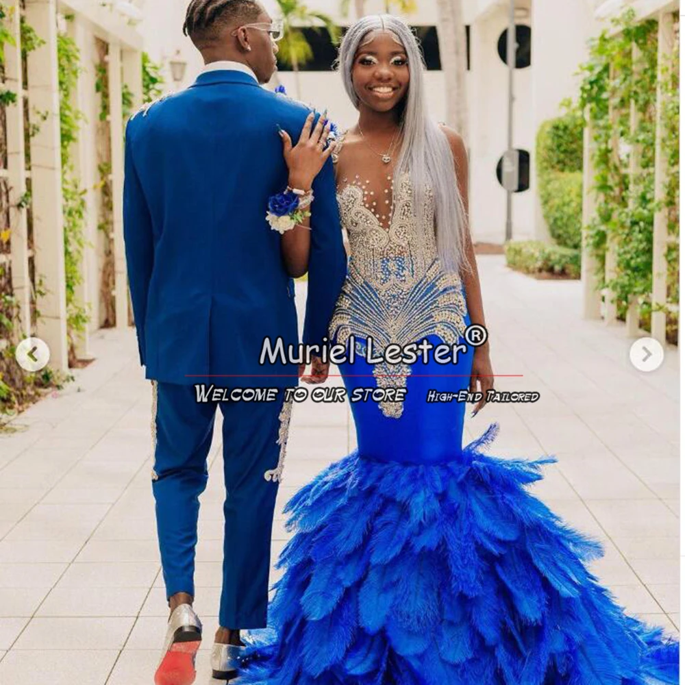 Luxury Beaded Navy Men Suits 2 Pieces Sets Bespoke Africa Wedding Groom Tuxedos Business Male Prom Party Couple Blazers Slim Fit