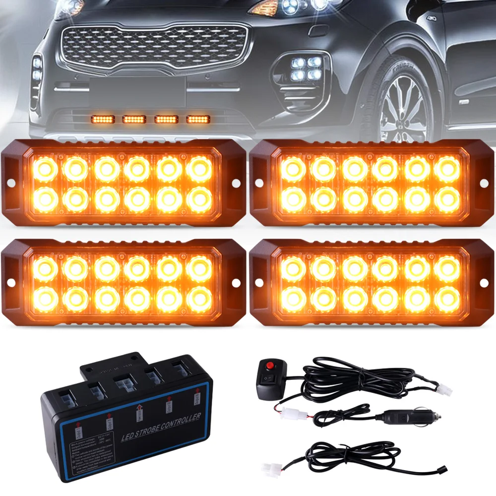 12-LED Car Universal Warning Emergency Strobe Grille Lights Flashing Amber Lighting Caution Construction Hazard Light Bar