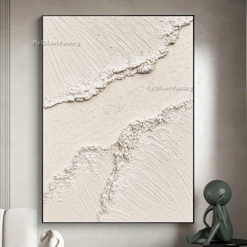 

White Textured Canvas Painting Beige Abstract Ocean Wave Art Oil Painting Handmade Minimalist Wall Art For Living Room Decor