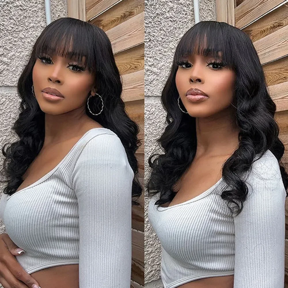 Fake Scalp Loose Wavy Human Hair Wig With Bangs Realistic Look Lace Glueless Wig Body Wave Short Black Wigs With Bangs For Women