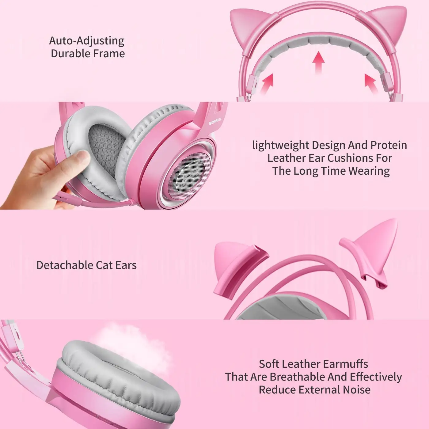 SOMIC G951pink Gaming Headset Cat Ear Headphone USB Gaming Headphones With LED  Light, 7.1 Virtual Surround Sound