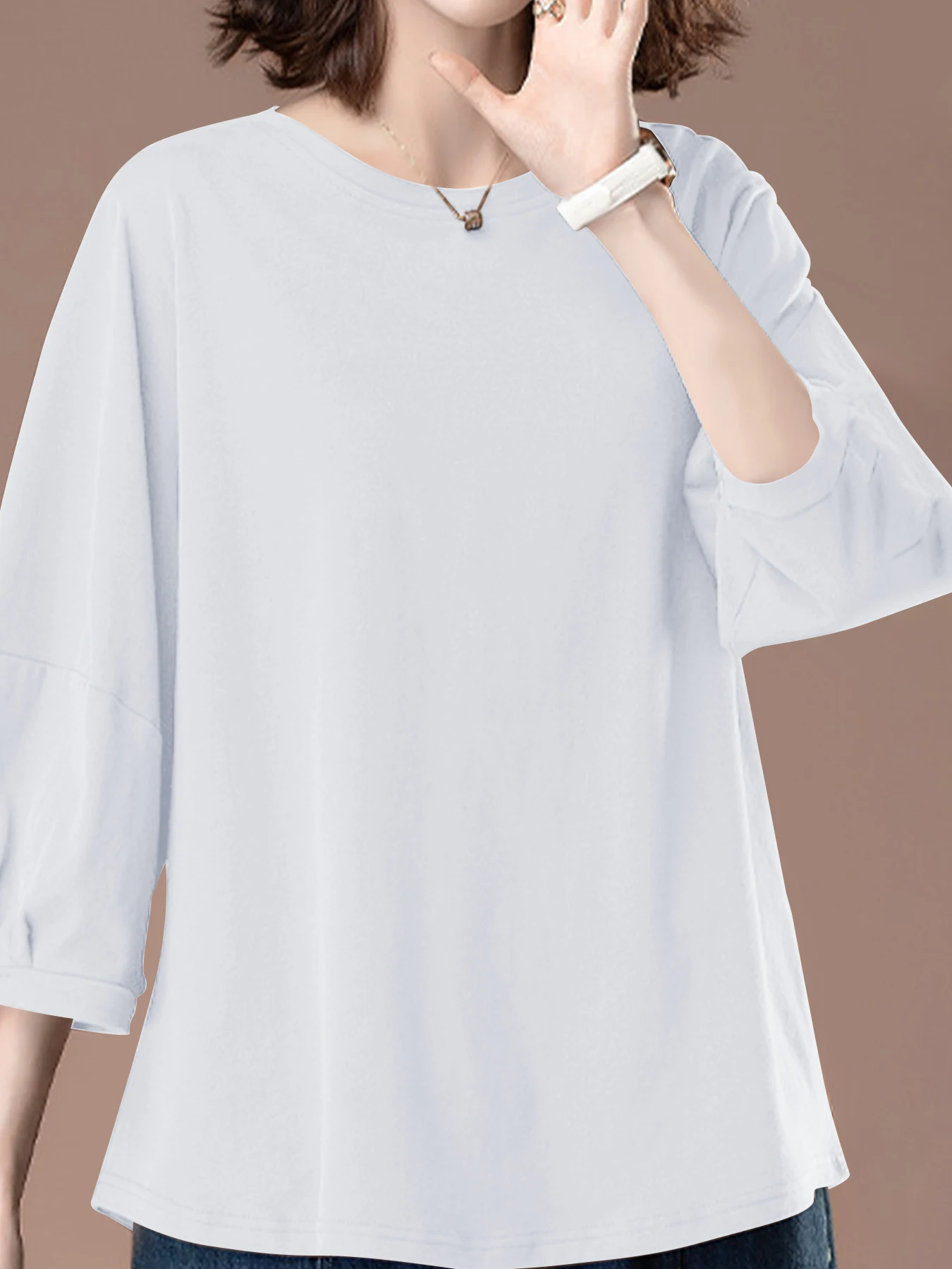 Damen-Tops mit 3/4-Ärmeln, Rundhalsausschnitt, lässig, trendig, lockere T-Shirts – Detail 7