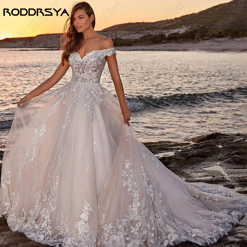 RODDRSYA-vestidos de novia con hombros descubiertos, ropa de novia con apliques, línea de tul, para playa, con botones traseros