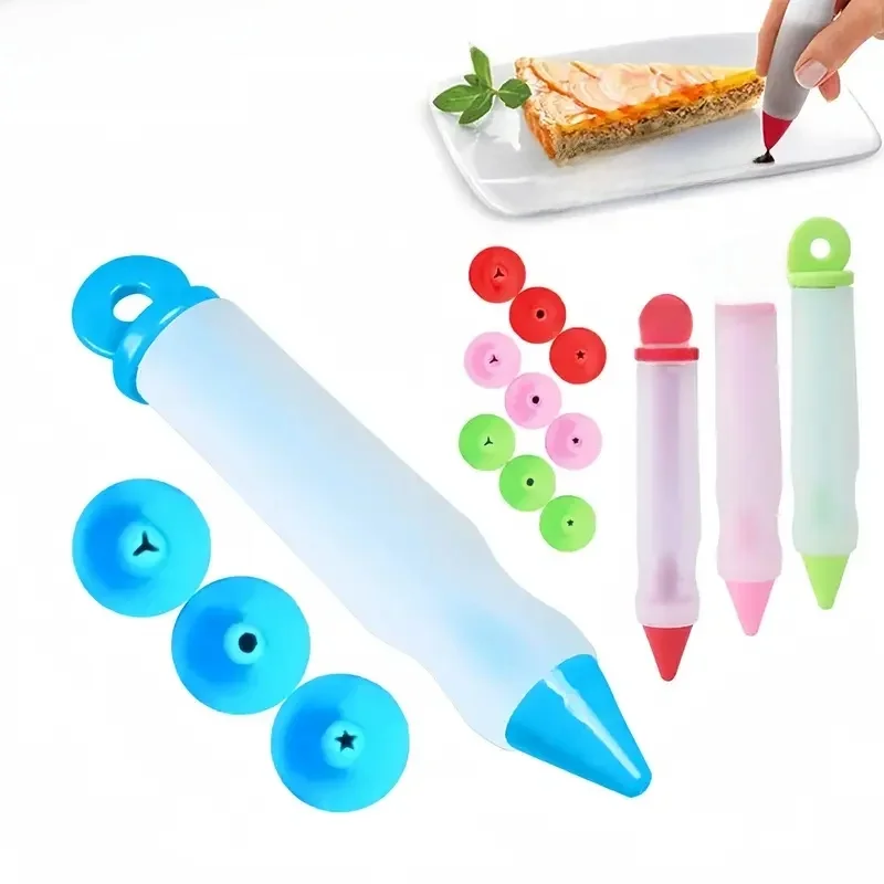 Stylo d'écriture alimentaire en Silicone, outils de décoration de gâteaux, outils de décoration de crème au chocolat avec 4 têtes, douilles de pâtisserie pour tuyauterie de gel, 4 pièces