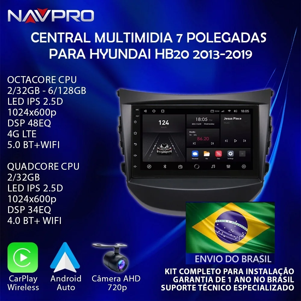 BRAZIL SHIPPING-For HYUNDAI HB20 2013-2019 Central Multimedia NAVPRO Screen 7 2/32GB - 6/128GB DSP Carpl 12 Months BR Warranty