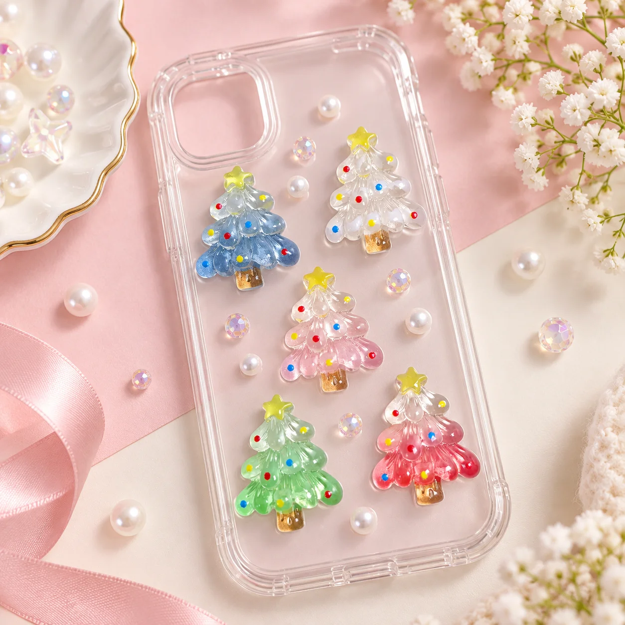 Cute Transparent Christmas Tree Resin Flatback Charms for DIY Phone Case Hair Clip Scrapbook Holiday Craft Decor