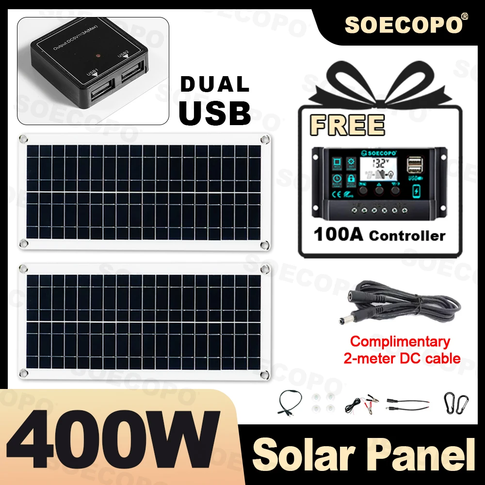 SOECOPO 400-W-Solarpanel-Kit 2 * faltbare 18-V-Panels für Camping wird mit einem kostenlosen 100-A-Controller und 5-V-USB-Anschlüssen für einfaches Laden geliefert.
