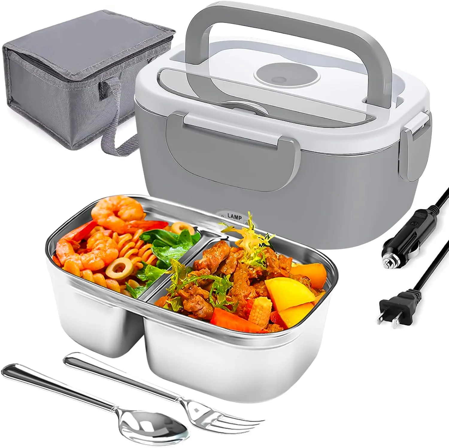 Portable Electric Heated Lunch Box 80W Stainless Steel Detachable 1.5L Heating Bowl Car/Truck/Office Dining Box Microwave Oven