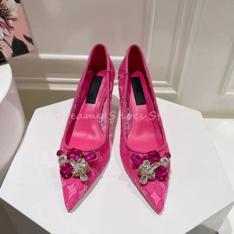 الوردي لامعة حجر الراين الدانتيل وأشار رقيقة عالية الكعب المرأة كريستال زهرة الانزلاق على مضخات فاخرة أنيقة مأدبة الزفاف فستان الأحذية #2