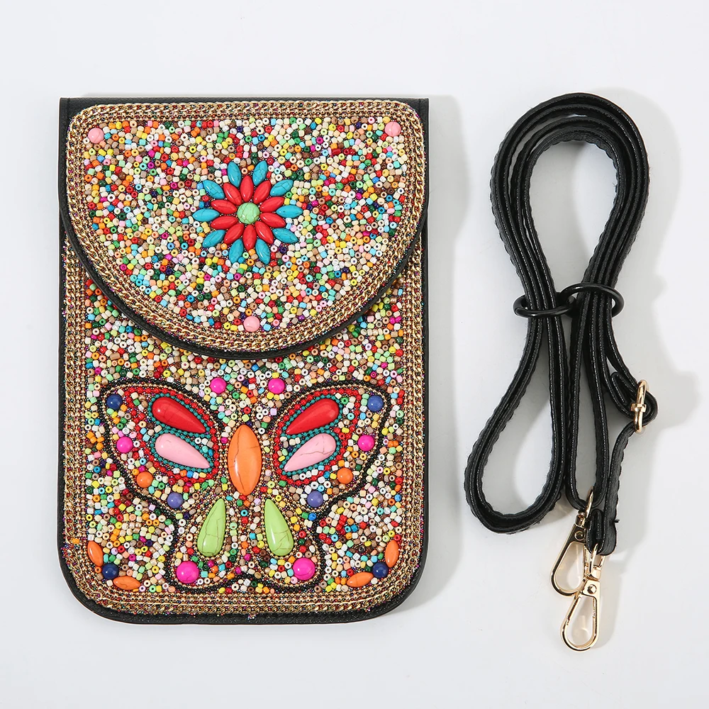 فراشة وزهرة نمط الرجعية العرقية نمط 2026 جديد اليدوية مطرز بولي Crossbody حقيبة هاتف صغيرة المرأة محفظة الكتف