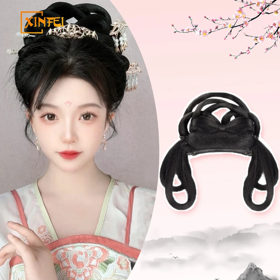 XINFEI Chinese Traditional Retro Black Wig Bag integrated Hairband Antique Hair Bun Modeling Heat-resistant Synthetic Fiber