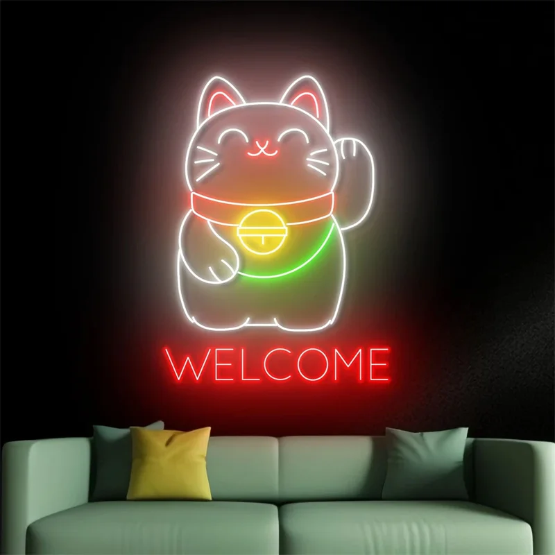 Lucky Cat Welcome Neon Wall Sign, Custom Led Wall Sign, Animal Neon Wall Light, Cat Led Wall Light,  Home Room Decor