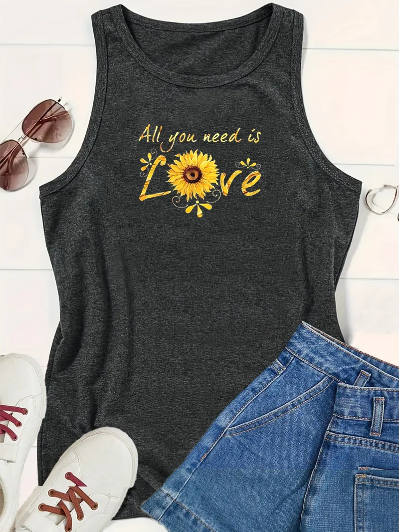 All You Need Is Love Sunflower Printed Sports Fashion Women's Tank Top Loose O Neck Sleeveless Casual Tank Top for  Clothing