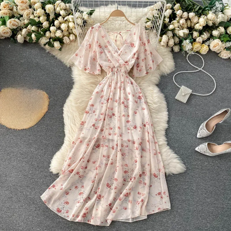 Kwiatowe nadruki Retro wzburzyć szyfonowa elegancka spódniczka Midi-line V Neck plaża sukienka na wakacje kobiety koreański moda lato Vestidos — zdjęcie 2