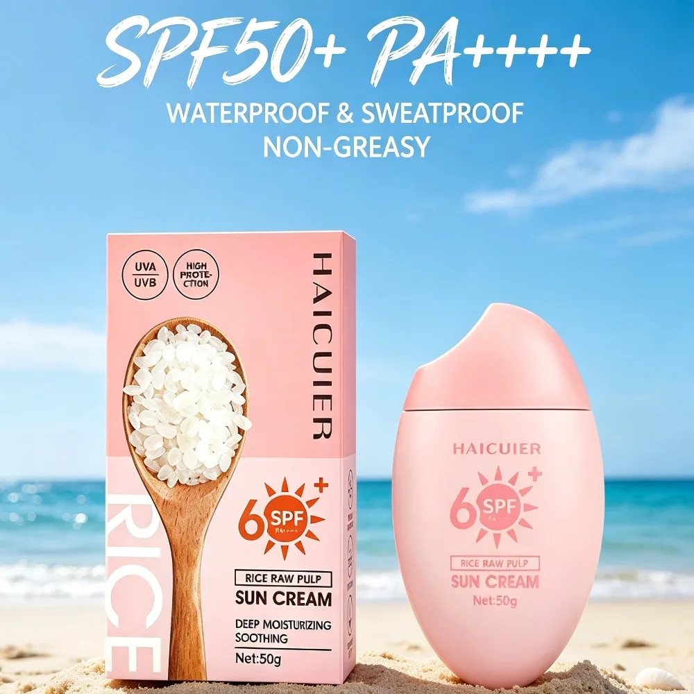 SPF50+ Sunscreen Rice Raw Pulp Moisturizing Waterproof Anti-UV Facial Body Sun Cream for Summer Outdoor Beach Daily Use Skincare