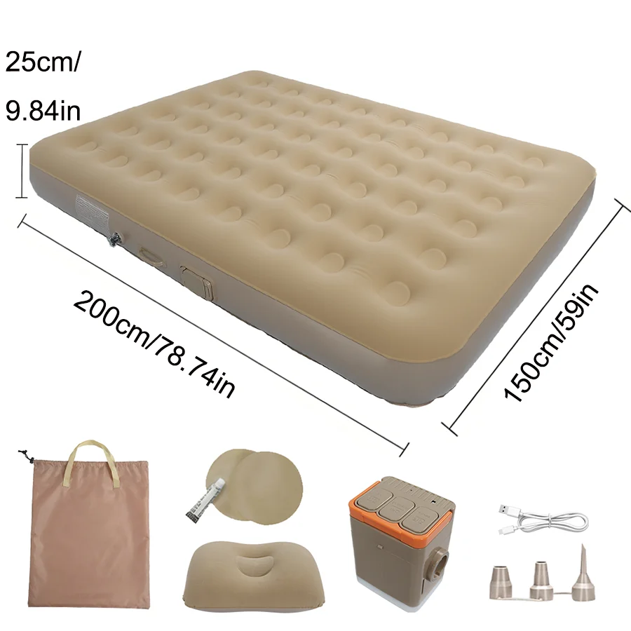 Opblaasbaar luchtbed met ingebouwde elektrische pomp, zelfopblazend campingbed, dik waterdicht PVC slaapmatras met LED-verlichting
