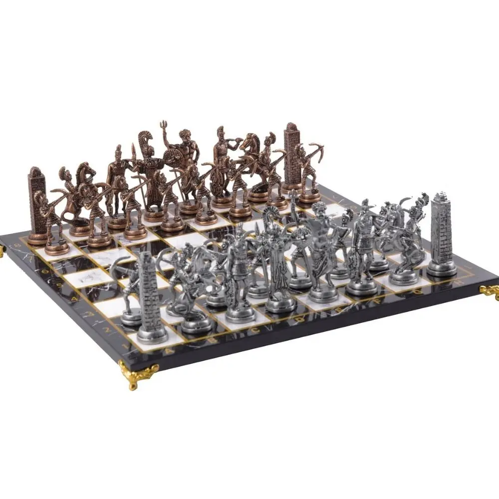 

Luxury Metal Cast Bronze Chess Set Roman Archers & Special Legs Blue-Black-Yellow-Green-Red Marble Patterned Board Chess Figures