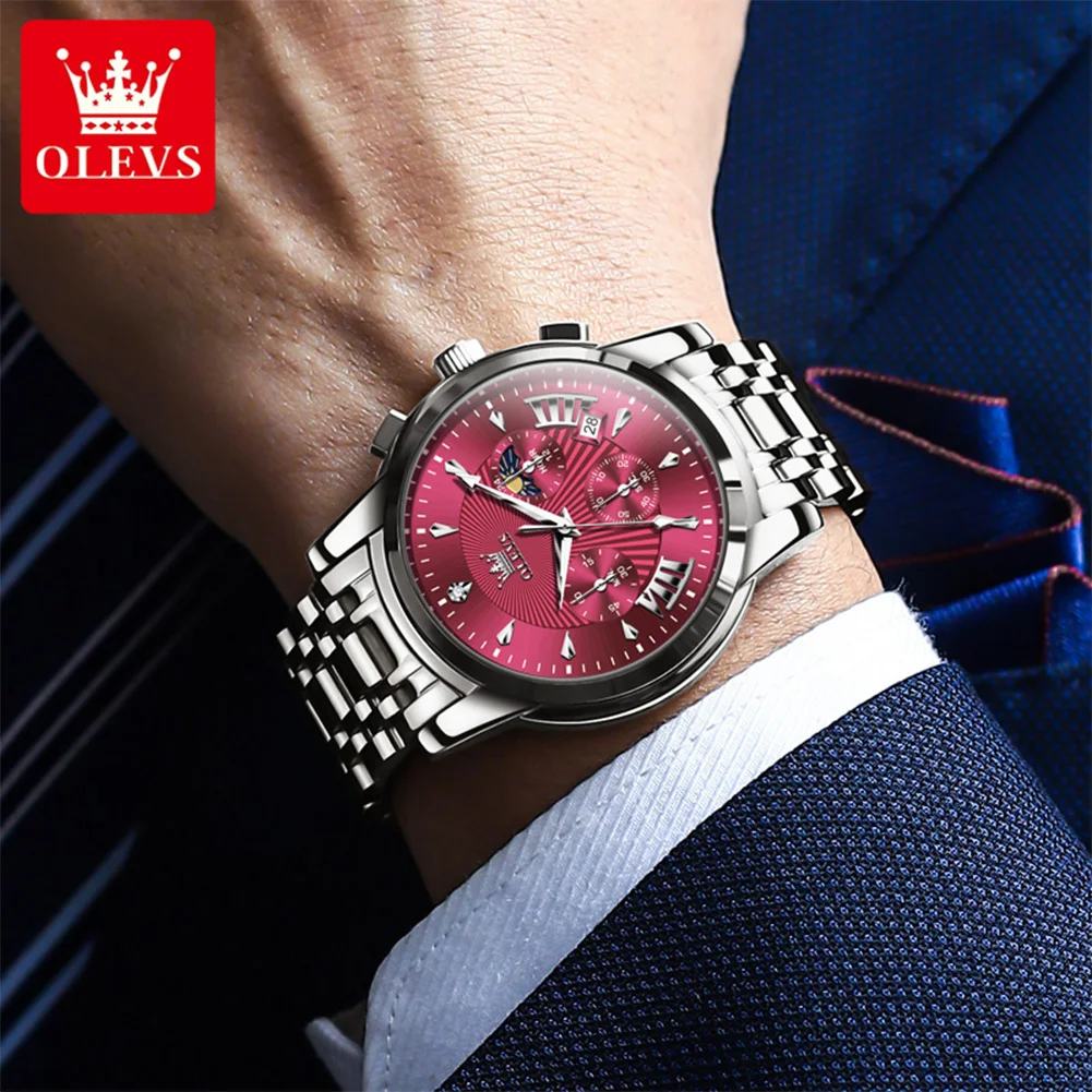 OLEVS 2892, мужские кварцевые часы, роскошные водонепроницаемые светящиеся хронографы, классические деловые часы с фазой Луны, Рождественский подарок