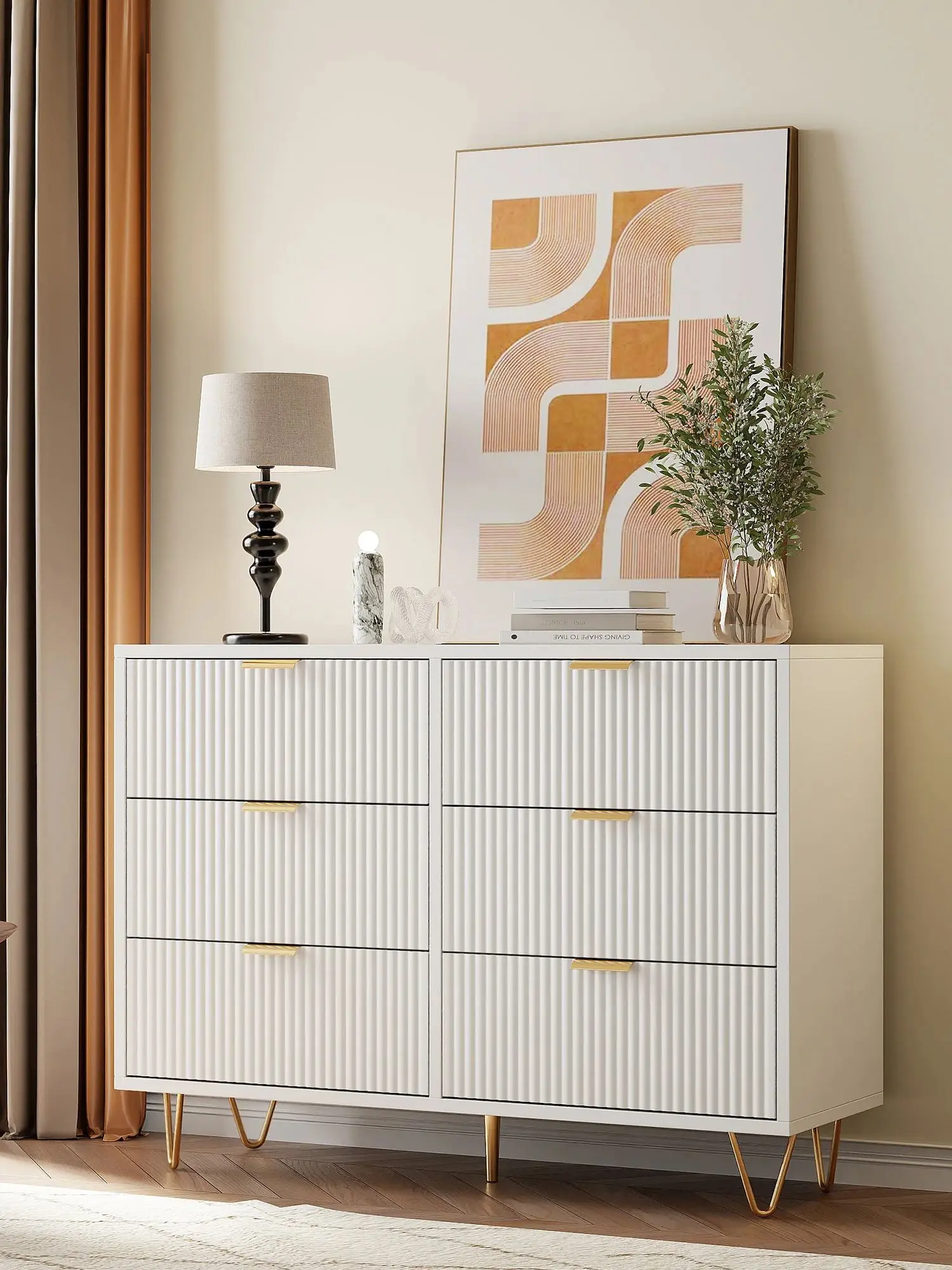 Rosahqnda Dressoir, kledingkast met 6 laden, modern minimalistisch dressoir met metalen poten, wit - afbeelding 2