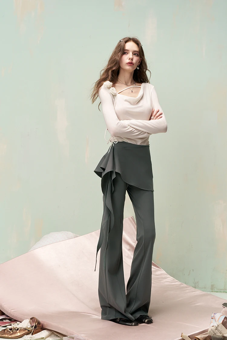 ELFSACK Y2K Flare Pants with Detachable Front Skirt, Stretchy Knit Sweet Trousers, Casual Streetwear Bottoms for Women