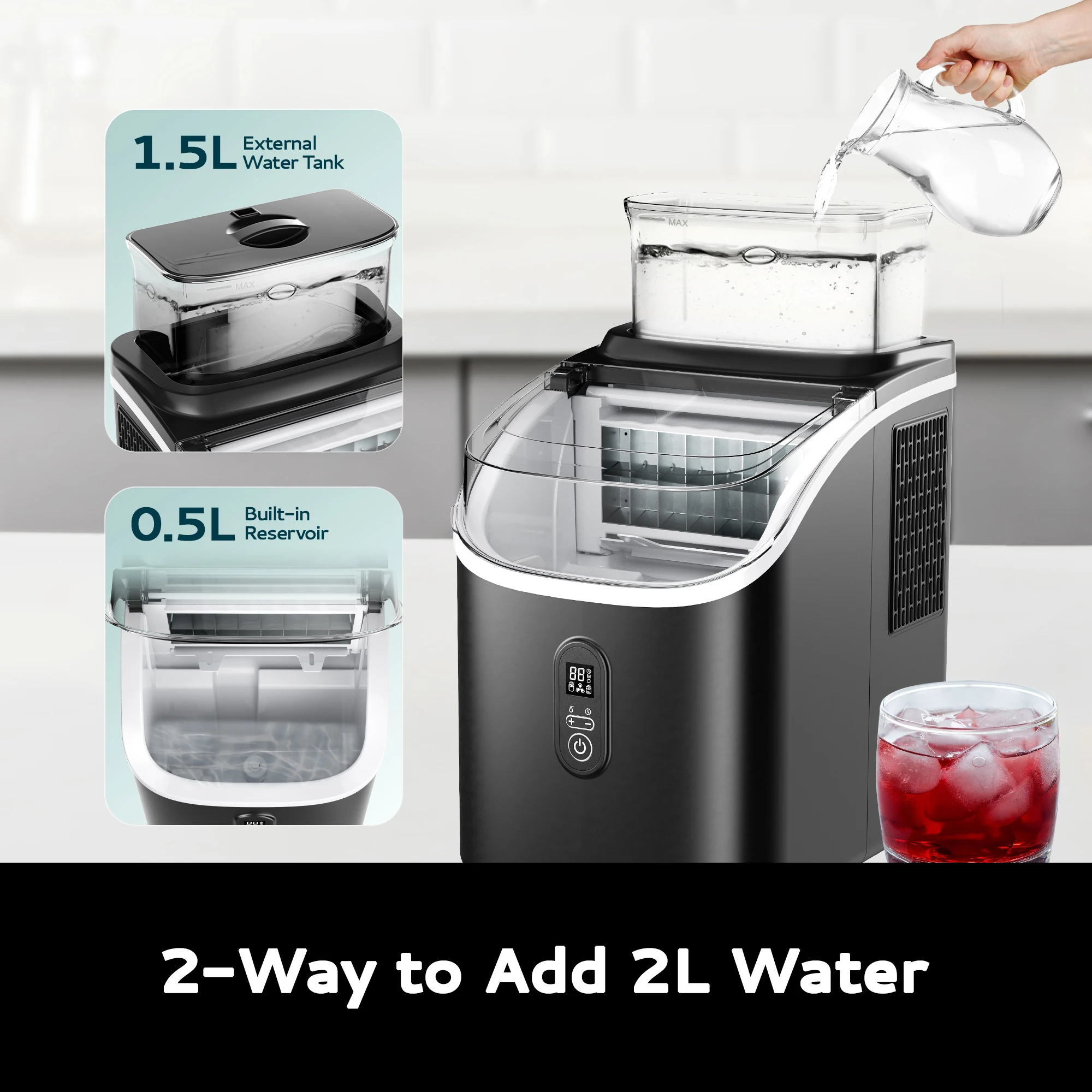 SIMZLIFE Ice Cube Maker Machine with External 34Lbs Water Tank 16Pcs Ready in 13 Mins 2 Ways to Add Water for Kitchen Office Bar