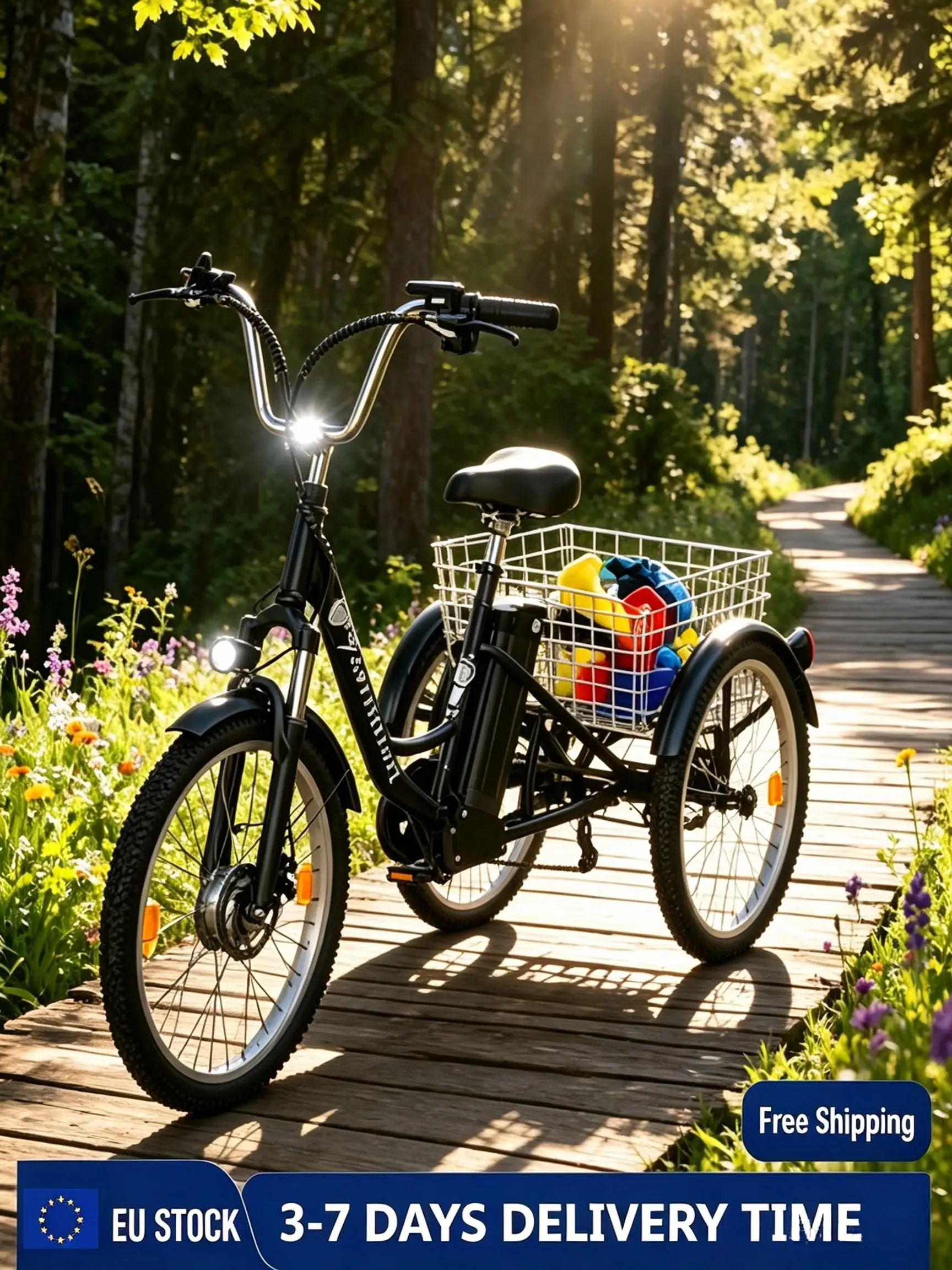 Elektro Dreirad 24'' mit Hinterem Gepäckkorb 250W, 36V 18Ah Herausnehmbarer Akku, 40–70 km, 25 km/h, 7 Gänge, LCD Display, Daumengashebel, Mechanische Bremse, E-Bike für Erwachsene