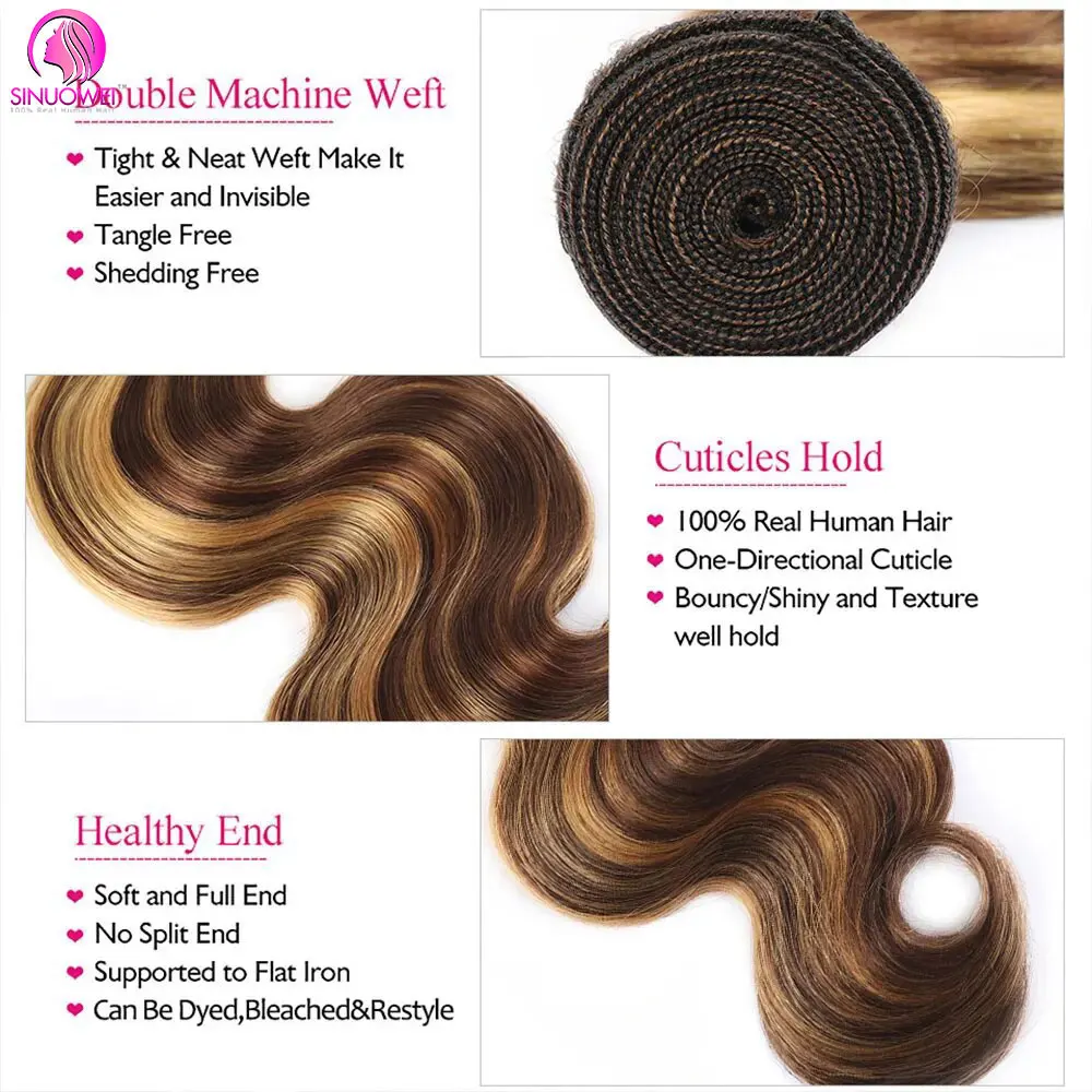 Bundles brésiliens de cheveux humains Body Wave, Extensions de cheveux Remy colorés, Highlight Bundles, 4/27 Honey Blonde, 3/4 PCs, Richesse