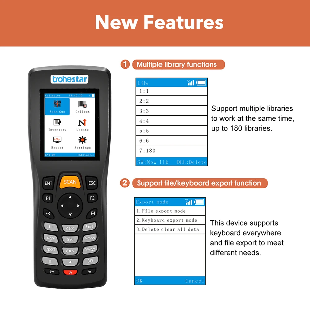 Trohestar Scanner de codes à barres sans fil 1D 2D lecteur de codes à barres compteur d\'inventaire collecteur de données PDA QR Scanners leitor