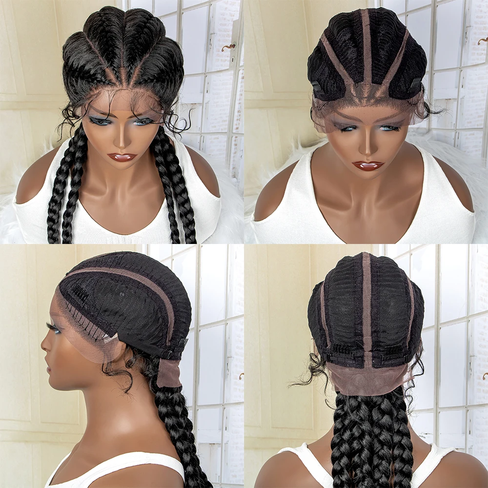 26 Inches Short Box Braids Lace Frontal Wig African Synthetic 4 Braid Wig with Baby Hair for Afro France Women Box Braid Wig