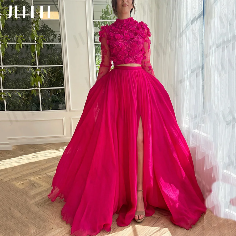 JEHETH Exquisite Foral Prom Vestidos 3D Flores Peças Superior e Inferiores Alta Pescoço Noite Mangas Compridas Split Partido Vestido فساتين Vestidos femininos de baile de luxo Abrindo um vestido de noite de neve Encant