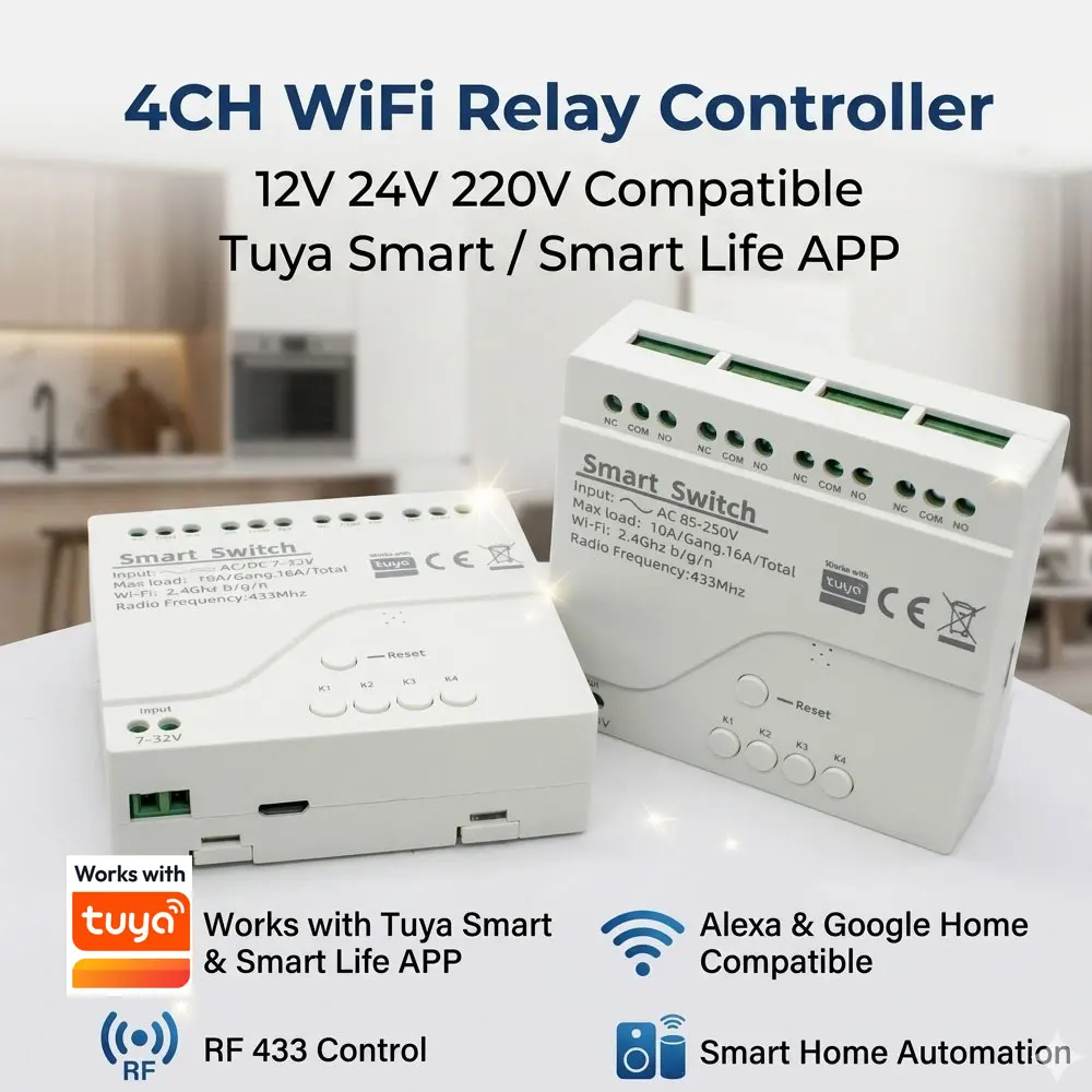 4-Kanal 12V 24V 220V RF 433 WLAN-Relais-Controller APP Fernbedienung Smart Home Automation Relais Alexa Google Home für Tuya