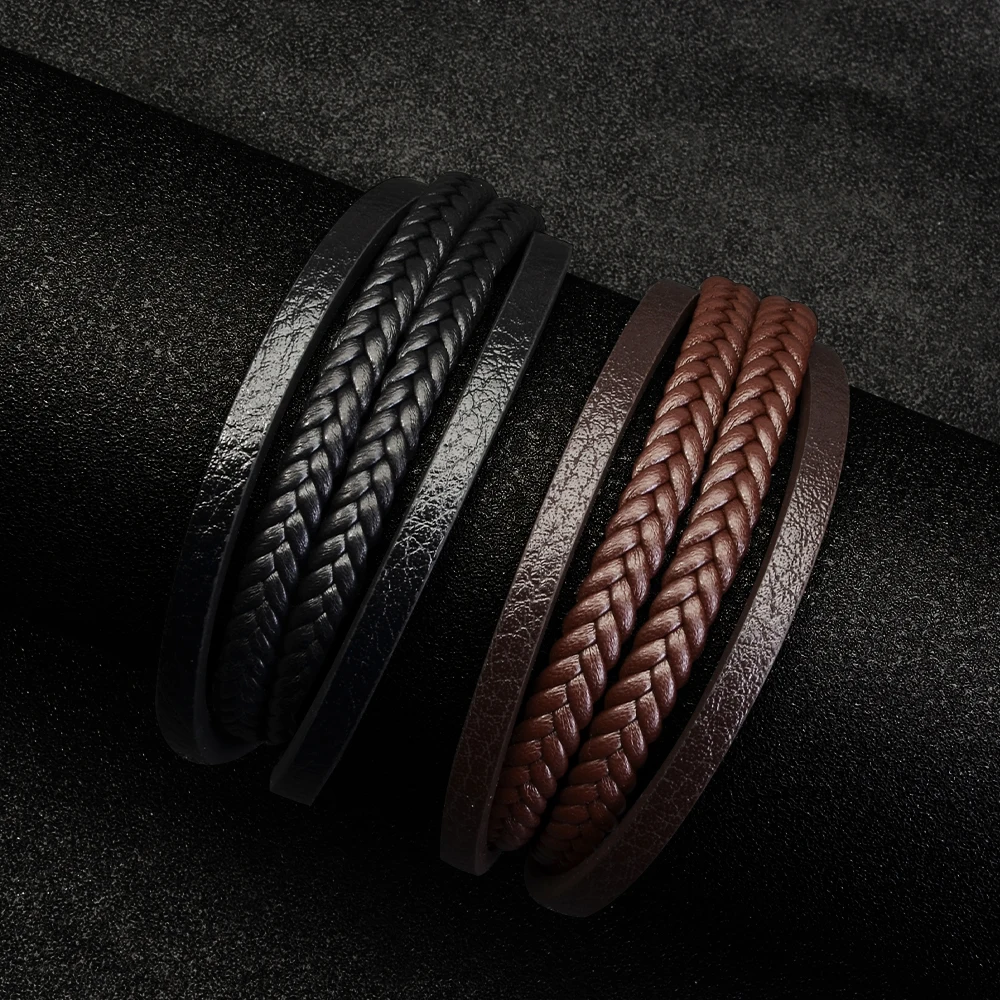 1pc Men Fashion Leather Bracelet Stainless Steel Multi-layered Braided Rope Bracelet Jewelry