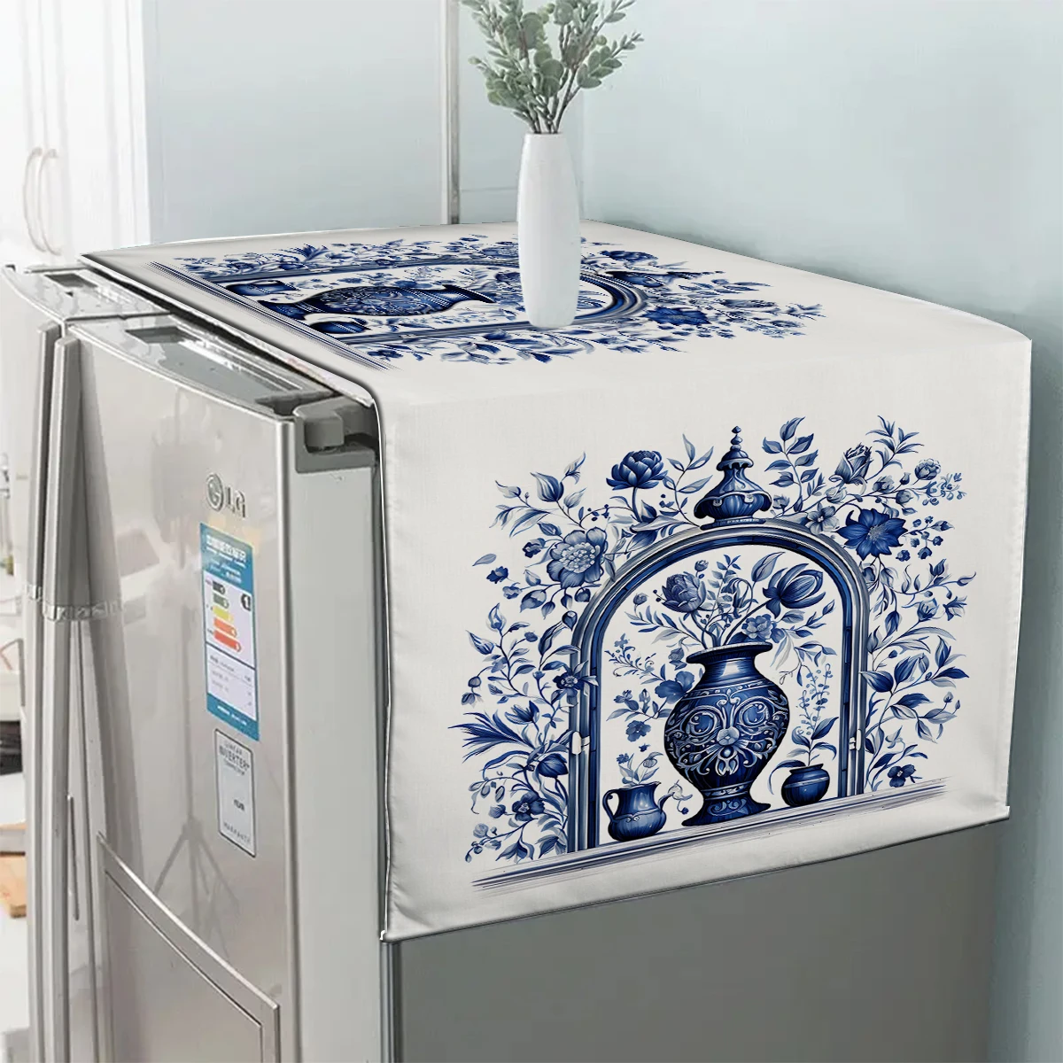 Blue White Floral Vase Retro Design Refrigerator Dust Cover Washable Printing Washing Machine Cabinet Dust Protection Cover