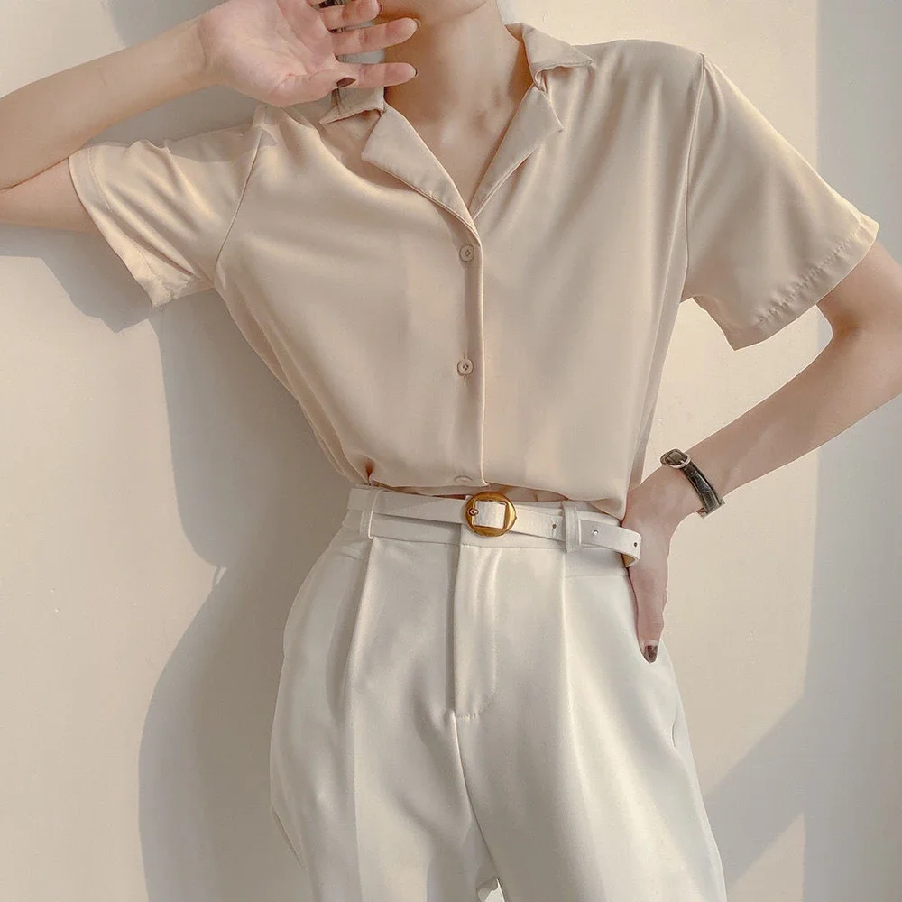 Damska letnia szyfonowa bluzka elegancka z krótkim rękawem V Neck luźna koszula Casual solidna w koreańskim stylu szykowny proste bluzy tunika damska Blusas — zdjęcie 2